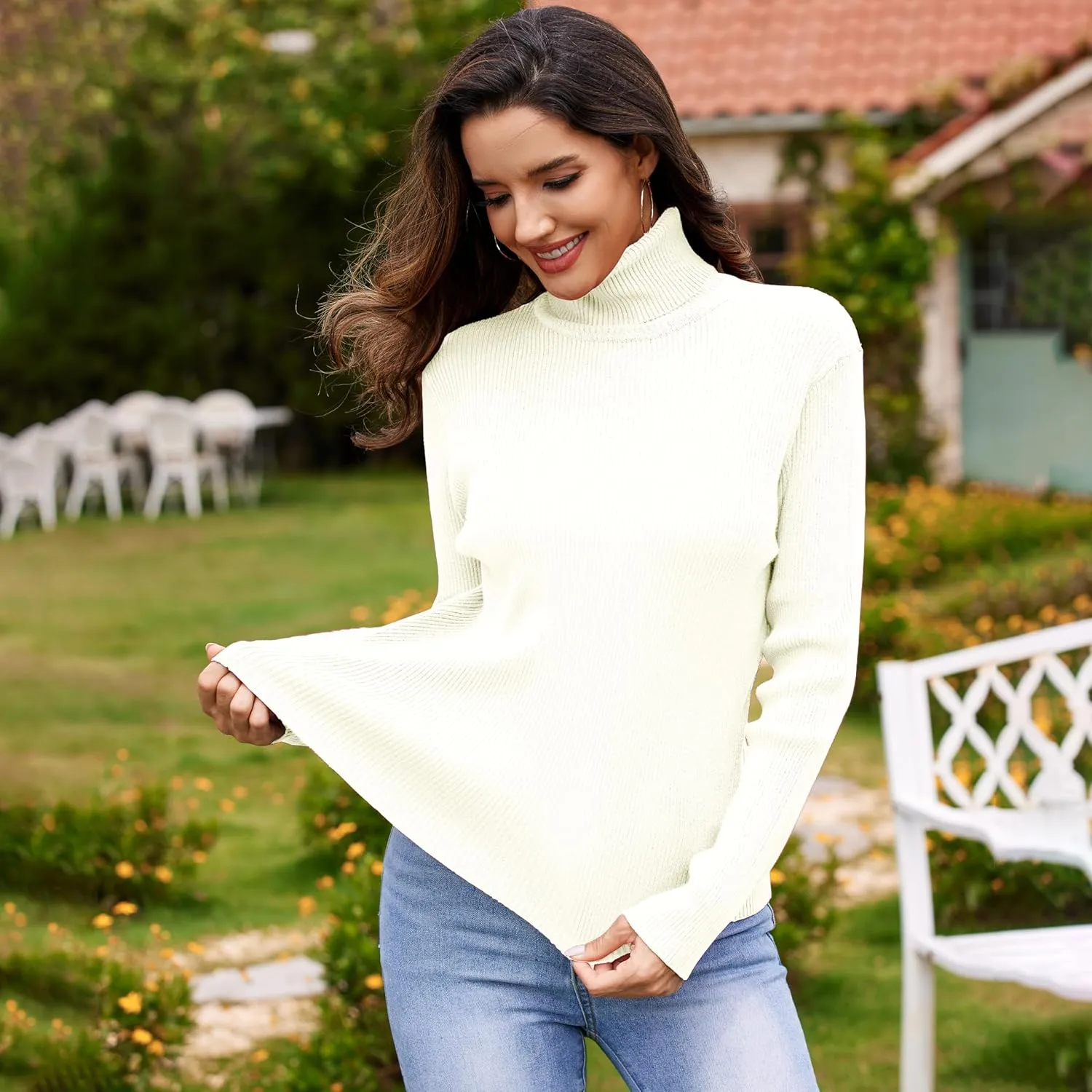 Women's Turtleneck Ribbed Pullover Fashion Long Sleeve Knit Sweater Fall Basic Tops