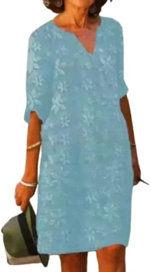 Womens V Neck Floral Embroidered Midi Dress Casual Half Sleeve Plus Size Solid Shift Dress Flowy Beach Dress