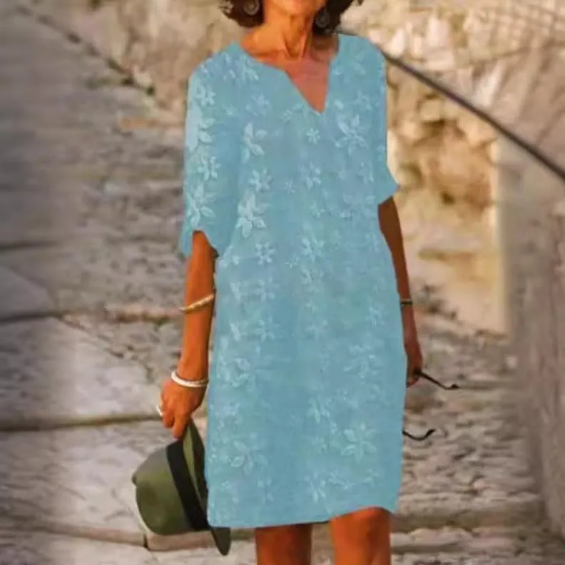 Womens V Neck Floral Embroidered Midi Dress Casual Half Sleeve Plus Size Solid Shift Dress Flowy Beach Dress