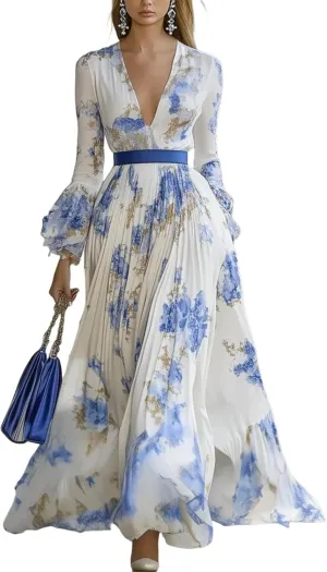 Womens V Neck Maxi Dress Boho Chiffon Floral Printed Long Party Dresses Long Sleeve Ruffled Cuffs Plus Size with Belt