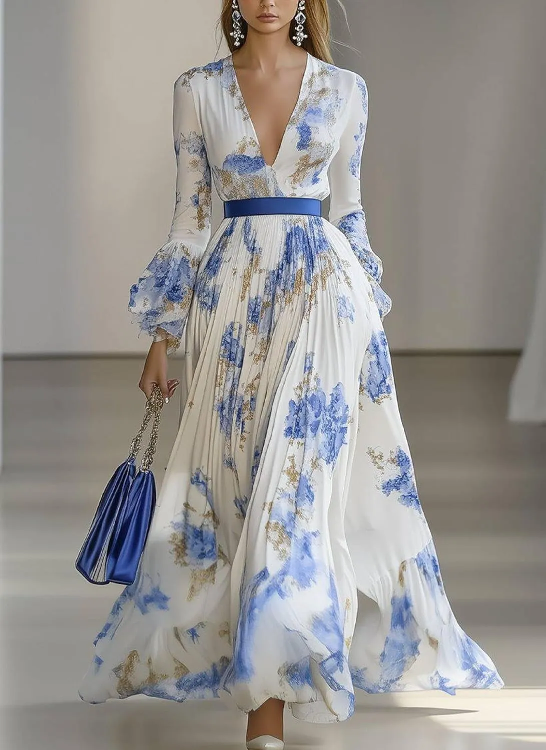 Womens V Neck Maxi Dress Boho Chiffon Floral Printed Long Party Dresses Long Sleeve Ruffled Cuffs Plus Size with Belt