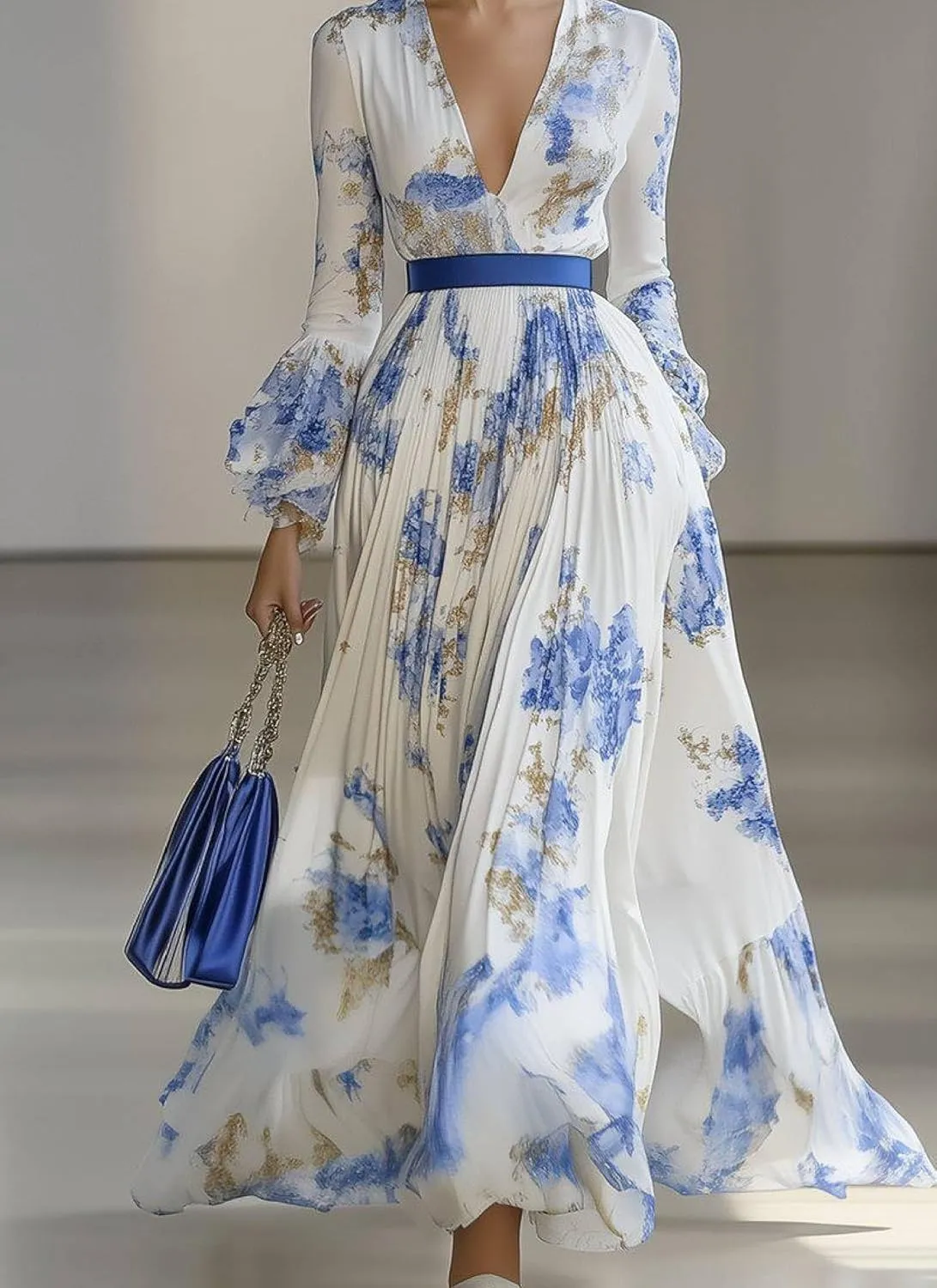 Womens V Neck Maxi Dress Boho Chiffon Floral Printed Long Party Dresses Long Sleeve Ruffled Cuffs Plus Size with Belt