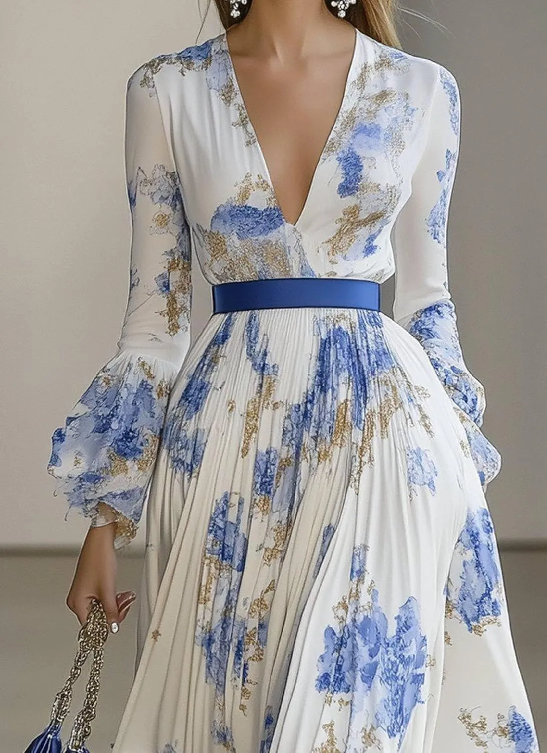 Womens V Neck Maxi Dress Boho Chiffon Floral Printed Long Party Dresses Long Sleeve Ruffled Cuffs Plus Size with Belt