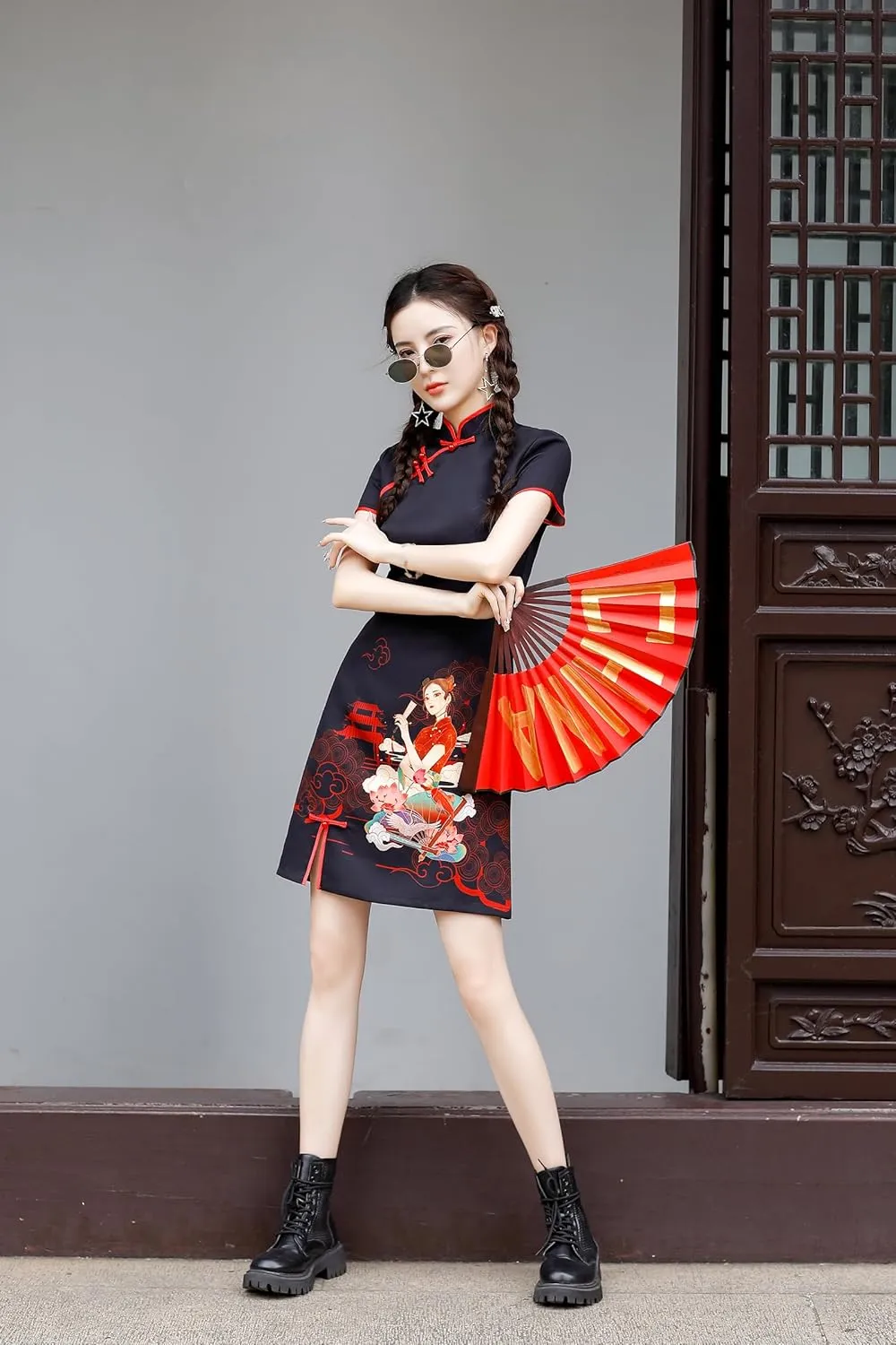 Women's Vintage Chinese Cheongsam Print Dress Short Sleeve Retro Side Slit Mini Loose Dress
