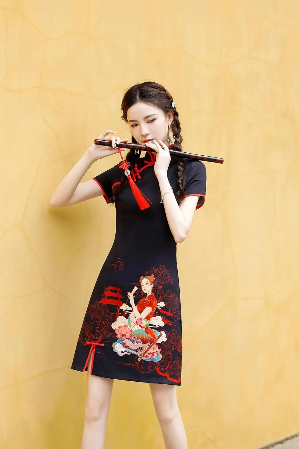 Women's Vintage Chinese Cheongsam Print Dress Short Sleeve Retro Side Slit Mini Loose Dress
