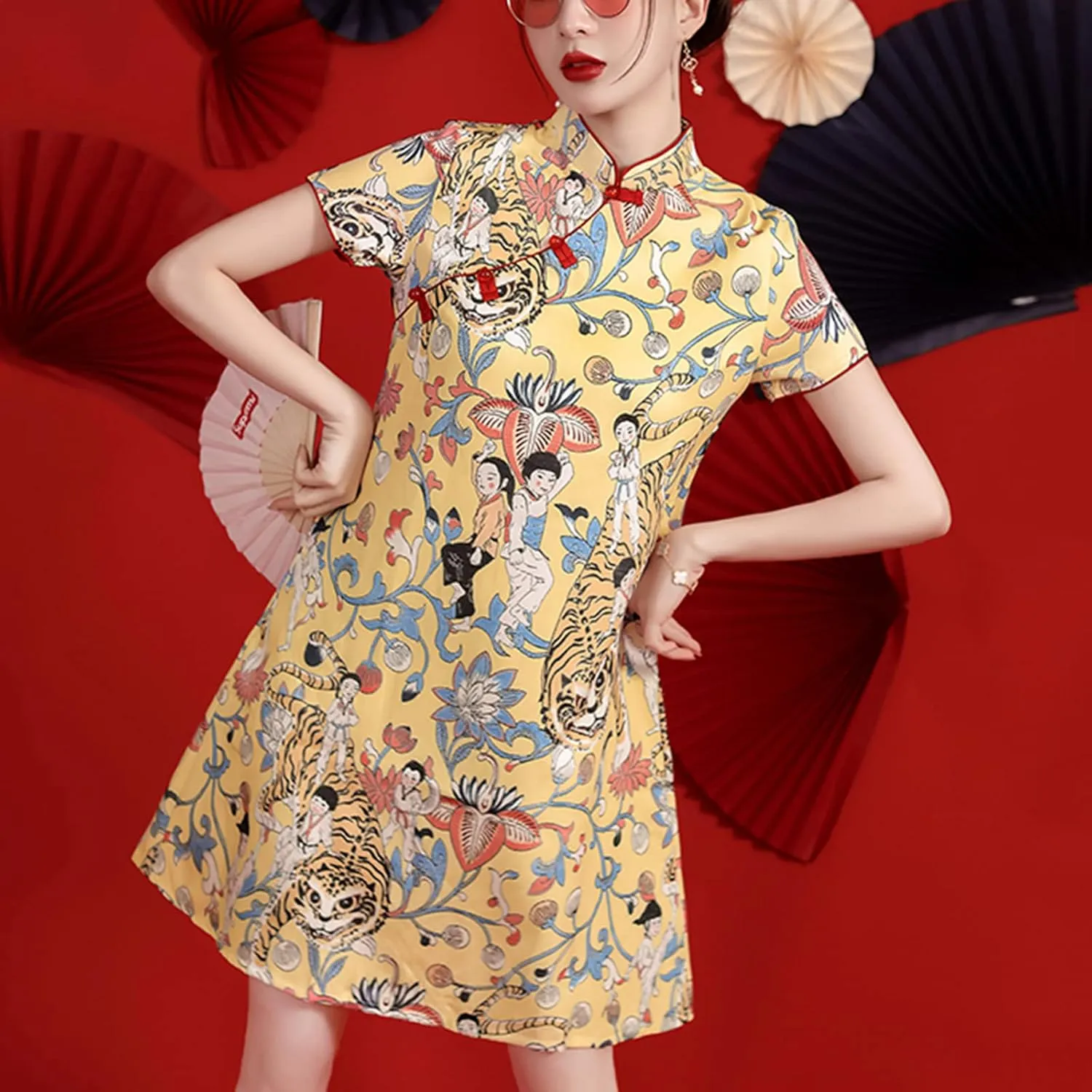 Women's Vintage Chinese Cheongsam Print Dress Short Sleeve Retro Side Slit Mini Loose Dress
