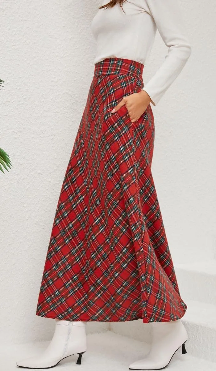 Women's Vintage Plaid Maxi Skirt High Waist Tartan Pleated A Line Long Skirt with Pockets