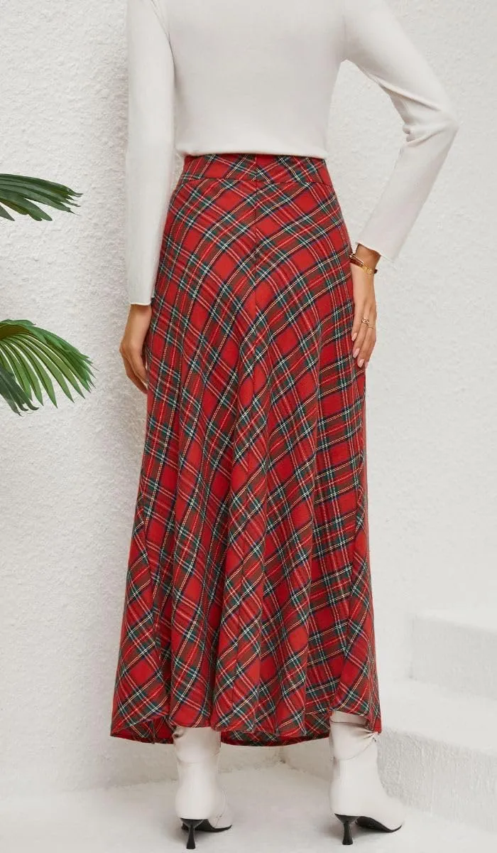 Women's Vintage Plaid Maxi Skirt High Waist Tartan Pleated A Line Long Skirt with Pockets