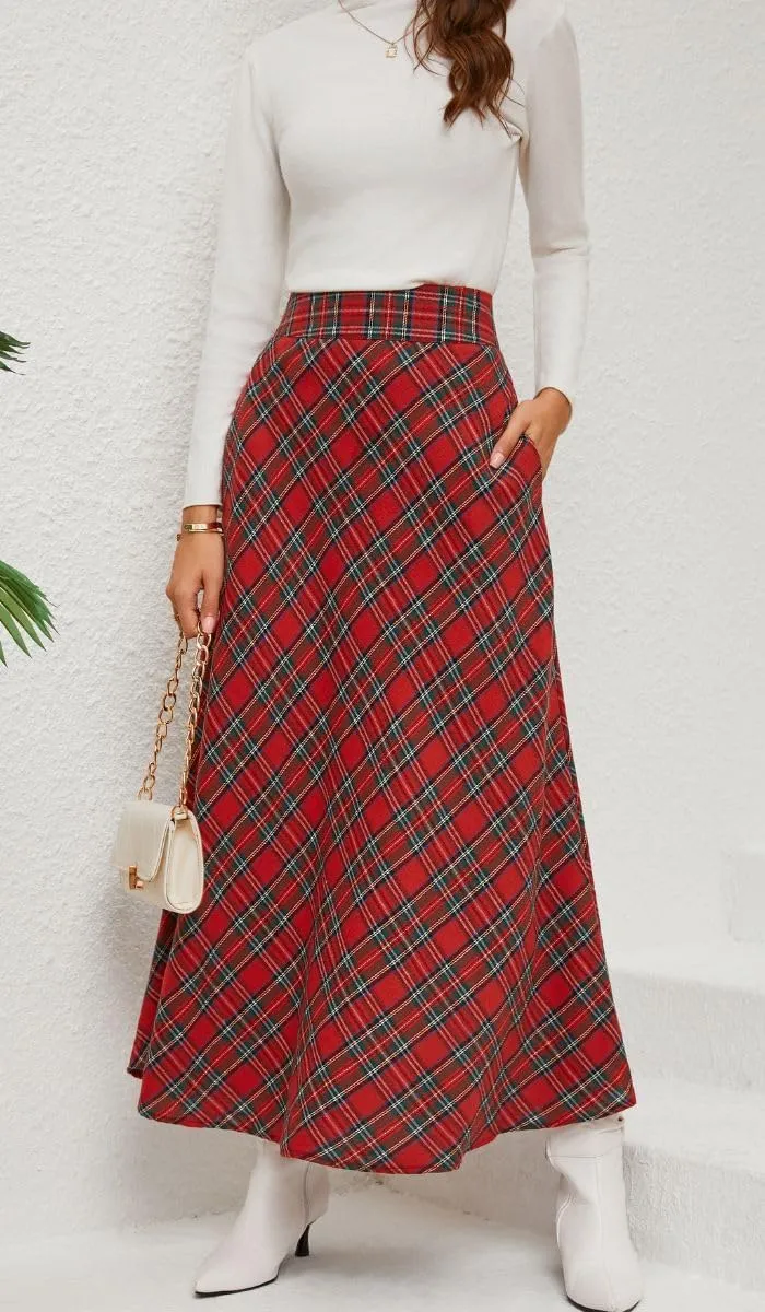 Women's Vintage Plaid Maxi Skirt High Waist Tartan Pleated A Line Long Skirt with Pockets