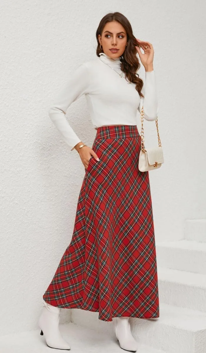 Women's Vintage Plaid Maxi Skirt High Waist Tartan Pleated A Line Long Skirt with Pockets