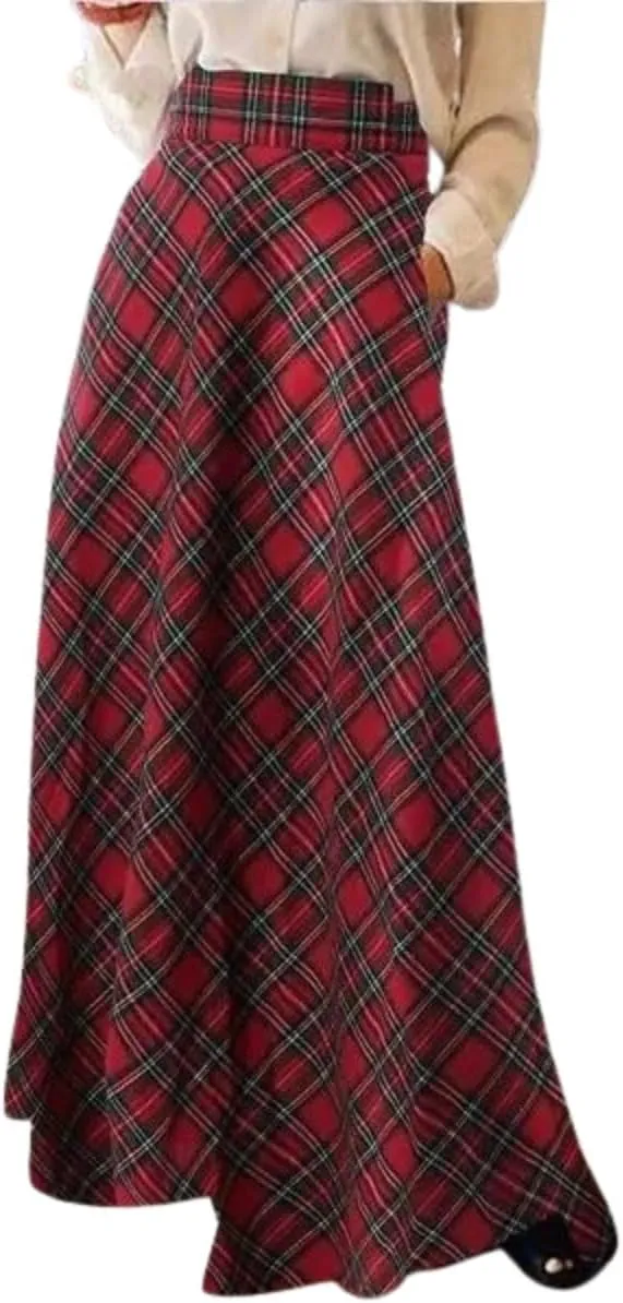 Women's Vintage Plaid Maxi Skirt High Waist Tartan Pleated A Line Long Skirt with Pockets