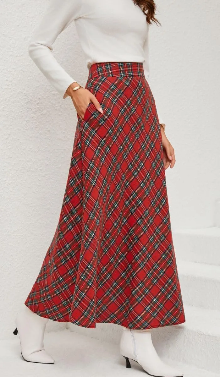 Women's Vintage Plaid Maxi Skirt High Waist Tartan Pleated A Line Long Skirt with Pockets