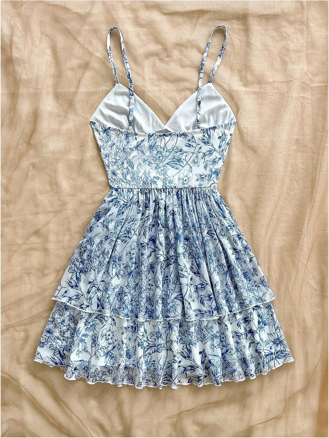 Women's Y2K Floral Cami Dress Ruffle Boho Mesh Layered V Neck Ruched Vacation Flowy Mini Dresses
