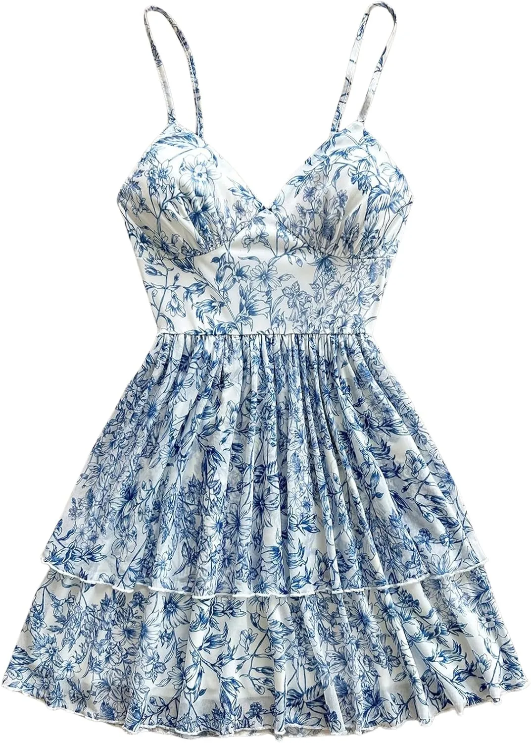 Women's Y2K Floral Cami Dress Ruffle Boho Mesh Layered V Neck Ruched Vacation Flowy Mini Dresses