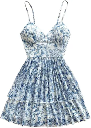 Women's Y2K Floral Cami Dress Ruffle Boho Mesh Layered V Neck Ruched Vacation Flowy Mini Dresses