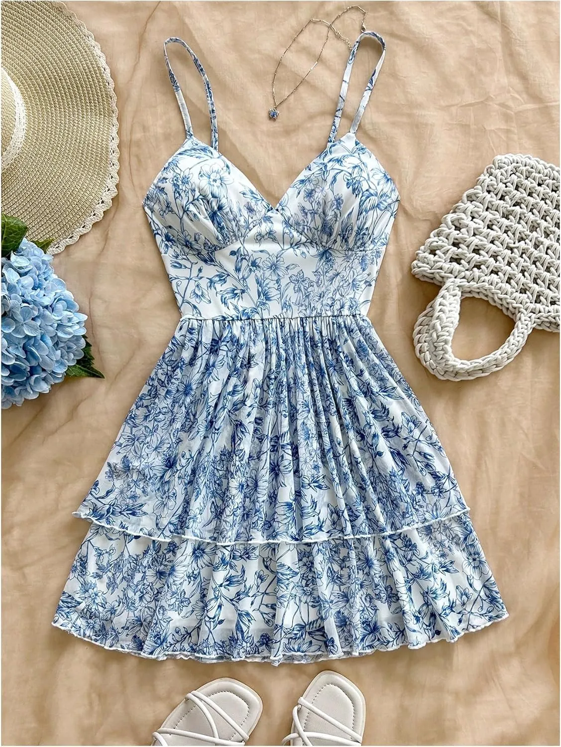 Women's Y2K Floral Cami Dress Ruffle Boho Mesh Layered V Neck Ruched Vacation Flowy Mini Dresses