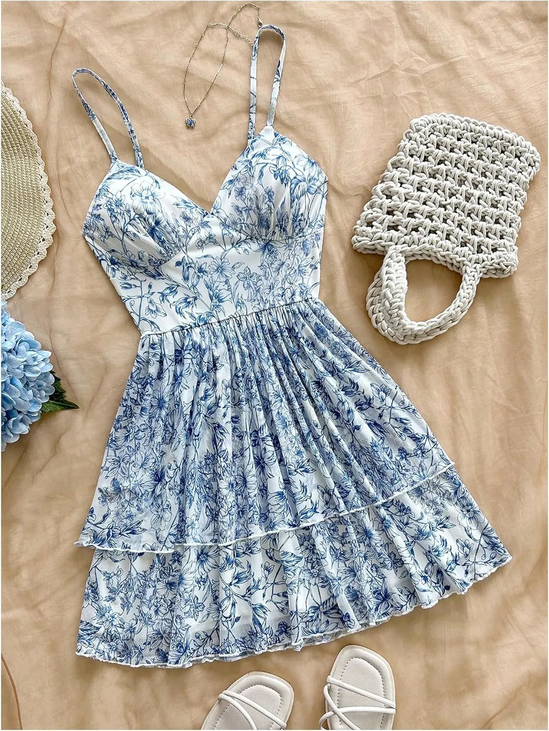 Women's Y2K Floral Cami Dress Ruffle Boho Mesh Layered V Neck Ruched Vacation Flowy Mini Dresses