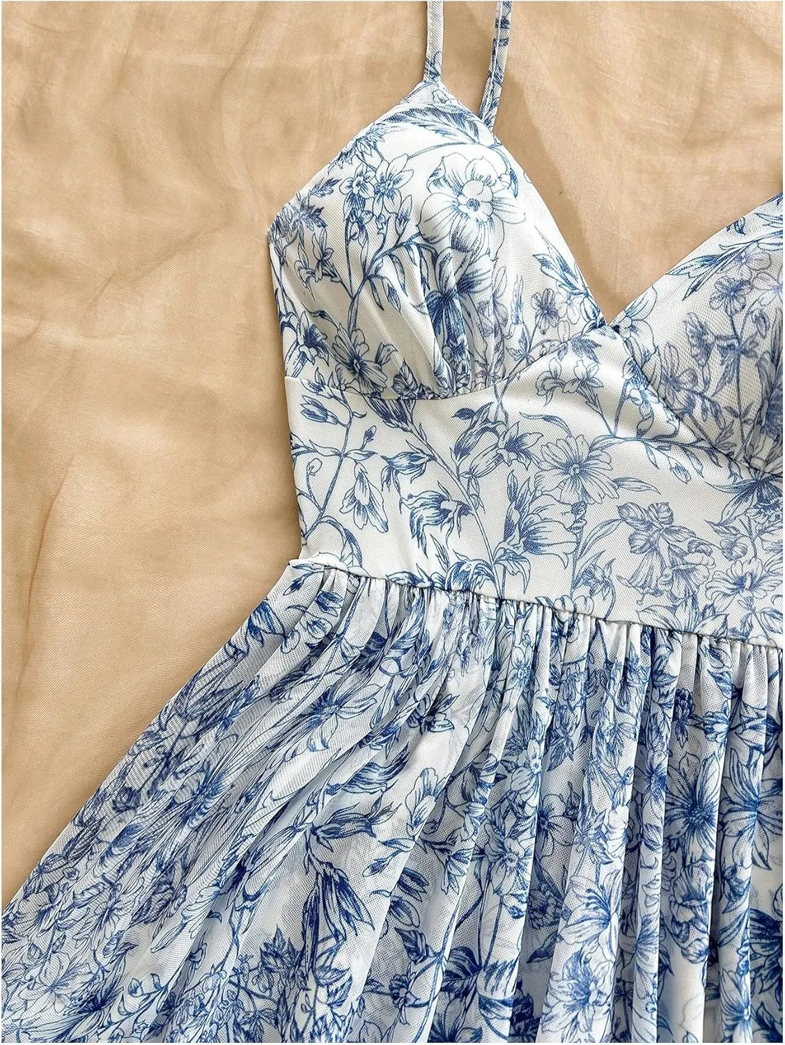 Women's Y2K Floral Cami Dress Ruffle Boho Mesh Layered V Neck Ruched Vacation Flowy Mini Dresses