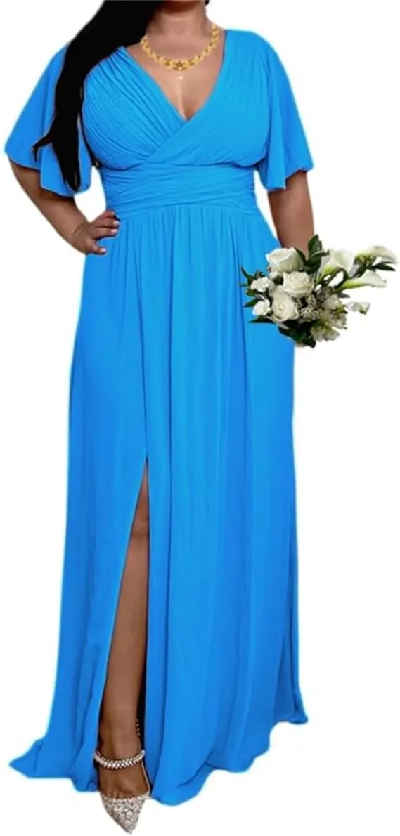 YRGERATON Flutter Sleeves Wedding Bridesmaid Dresses with Slit Chiffon Formal Evening Prom Party Gown for Juniors J184