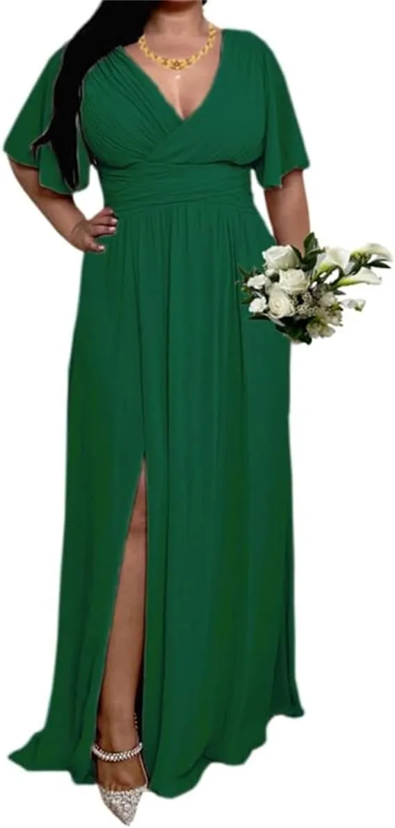YRGERATON Flutter Sleeves Wedding Bridesmaid Dresses with Slit Chiffon Formal Evening Prom Party Gown for Juniors J184