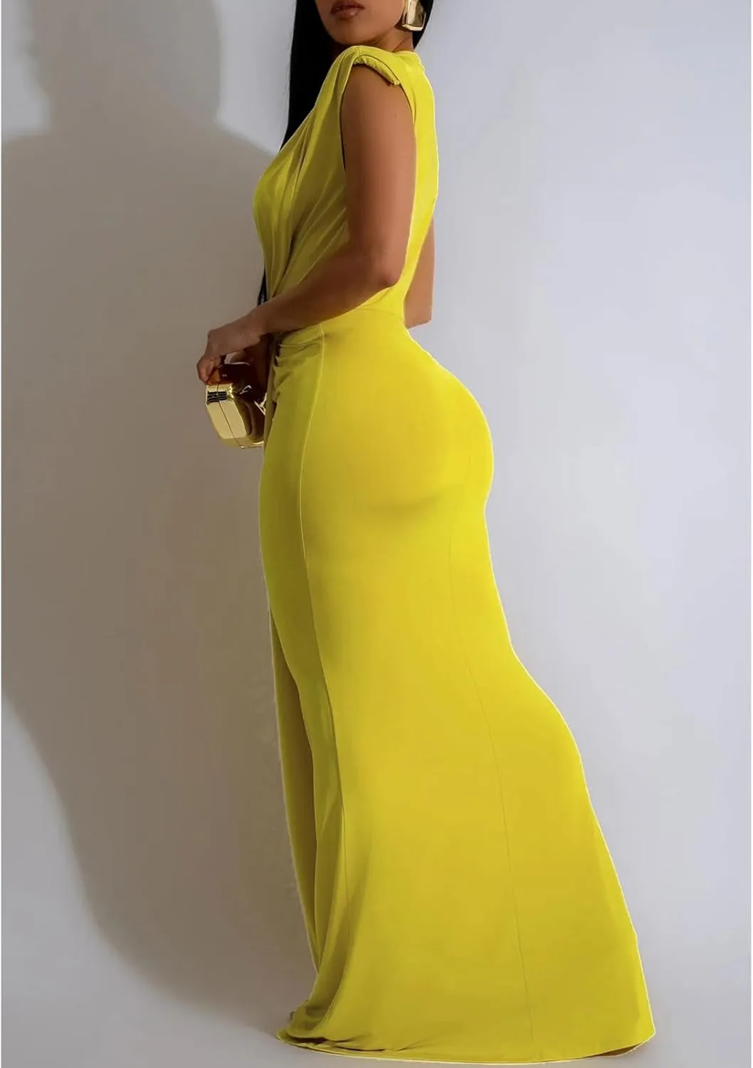 Yuopeid Women's Sexy Sleeveless Deep V Neck Fashion Ruched Bodycon Floor Length Formal Evening Party Maxi Long Dress