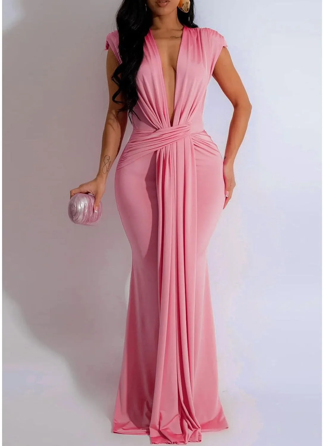 Yuopeid Women's Sexy Sleeveless Deep V Neck Fashion Ruched Bodycon Floor Length Formal Evening Party Maxi Long Dress
