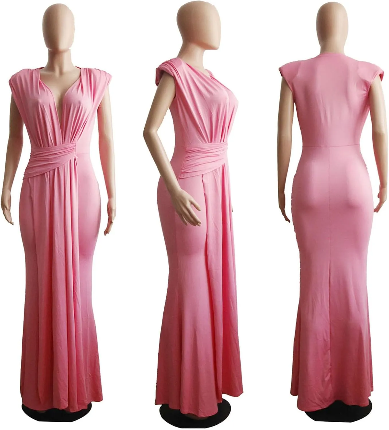Yuopeid Women's Sexy Sleeveless Deep V Neck Fashion Ruched Bodycon Floor Length Formal Evening Party Maxi Long Dress
