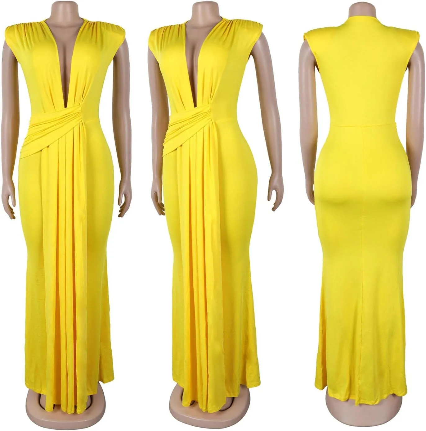 Yuopeid Women's Sexy Sleeveless Deep V Neck Fashion Ruched Bodycon Floor Length Formal Evening Party Maxi Long Dress