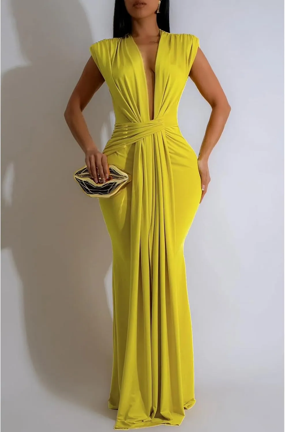 Yuopeid Women's Sexy Sleeveless Deep V Neck Fashion Ruched Bodycon Floor Length Formal Evening Party Maxi Long Dress