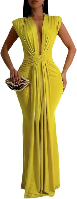 Yuopeid Women's Sexy Sleeveless Deep V Neck Fashion Ruched Bodycon Floor Length Formal Evening Party Maxi Long Dress
