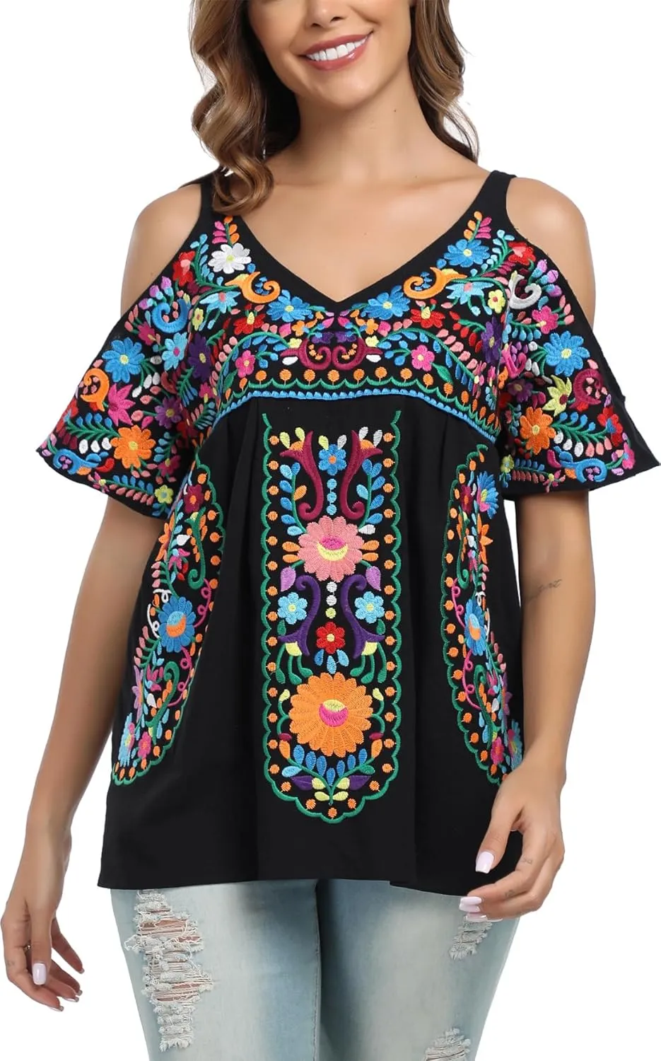 YZXDORWJ Women's Mexican Tops Cold Shoulder V Neck Sexy Blouse Short Sleeve Shirts Embroidered Floral Tunic