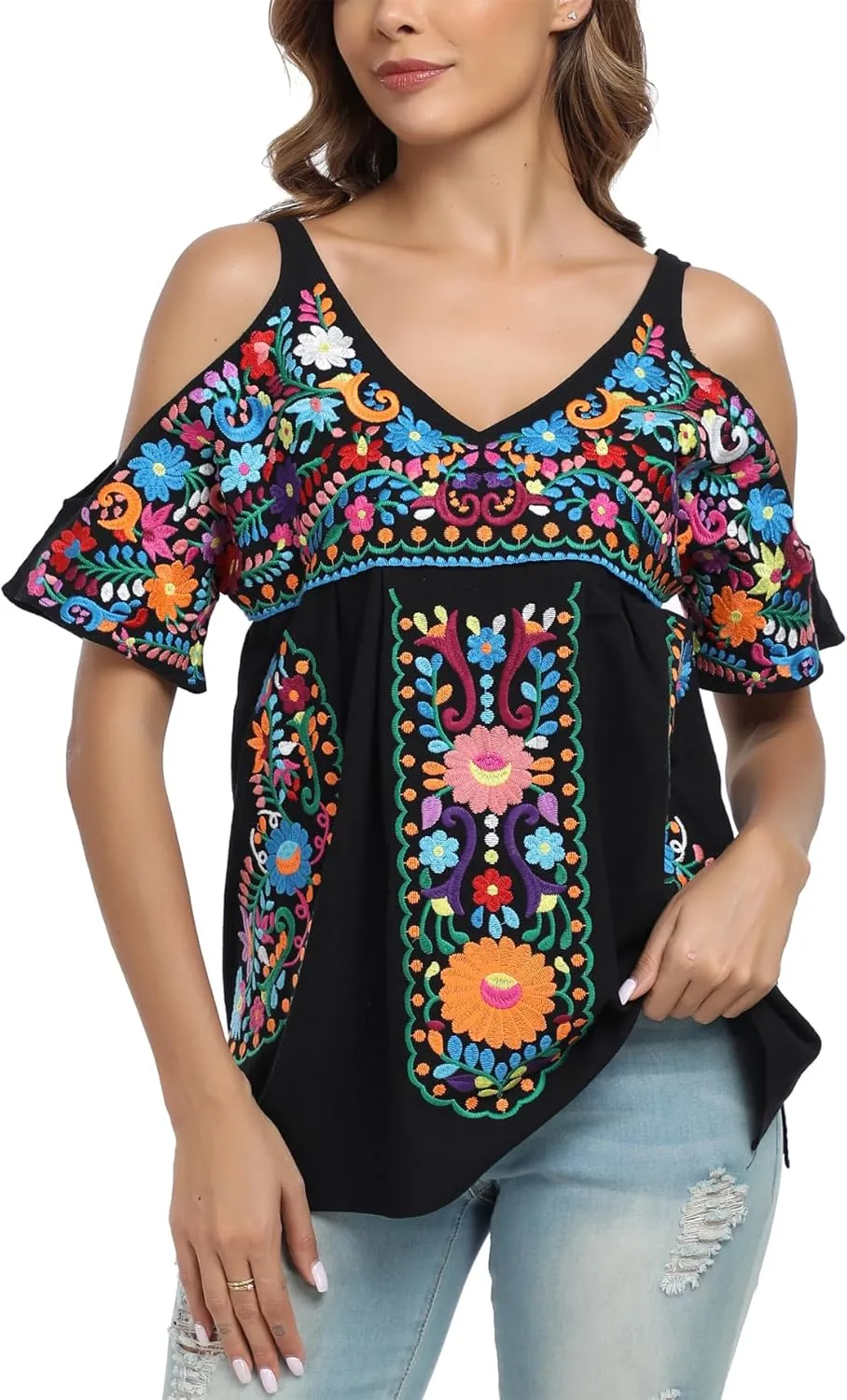 YZXDORWJ Women's Mexican Tops Cold Shoulder V Neck Sexy Blouse Short Sleeve Shirts Embroidered Floral Tunic