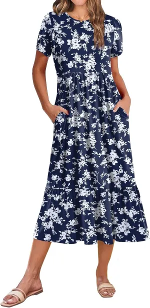 Zeagoo Women Summer Midi A Line Dress Short Sleeve Casual Flowy Tiered Beach Long Sundress with Pockets 2025 Vacation Travel