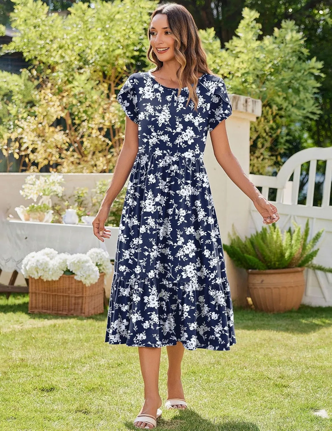 Zeagoo Women Summer Midi A Line Dress Short Sleeve Casual Flowy Tiered Beach Long Sundress with Pockets 2025 Vacation Travel