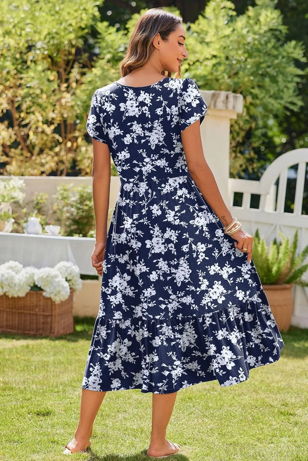 Zeagoo Women Summer Midi A Line Dress Short Sleeve Casual Flowy Tiered Beach Long Sundress with Pockets 2025 Vacation Travel