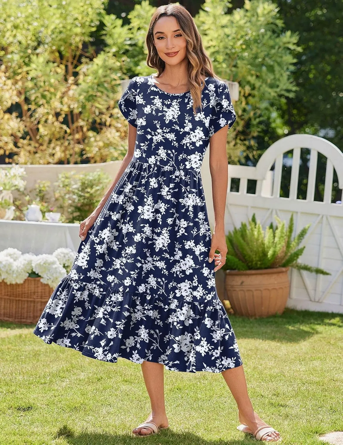 Zeagoo Women Summer Midi A Line Dress Short Sleeve Casual Flowy Tiered Beach Long Sundress with Pockets 2025 Vacation Travel