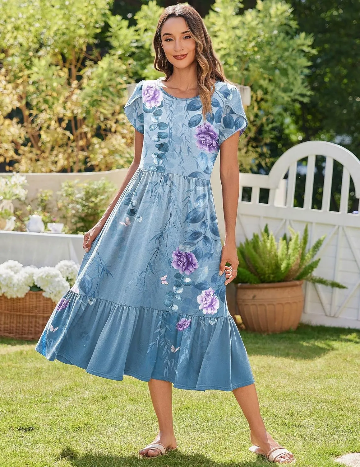 Zeagoo Women Summer Midi A Line Dress Short Sleeve Casual Flowy Tiered Beach Long Sundress with Pockets 2025 Vacation Travel