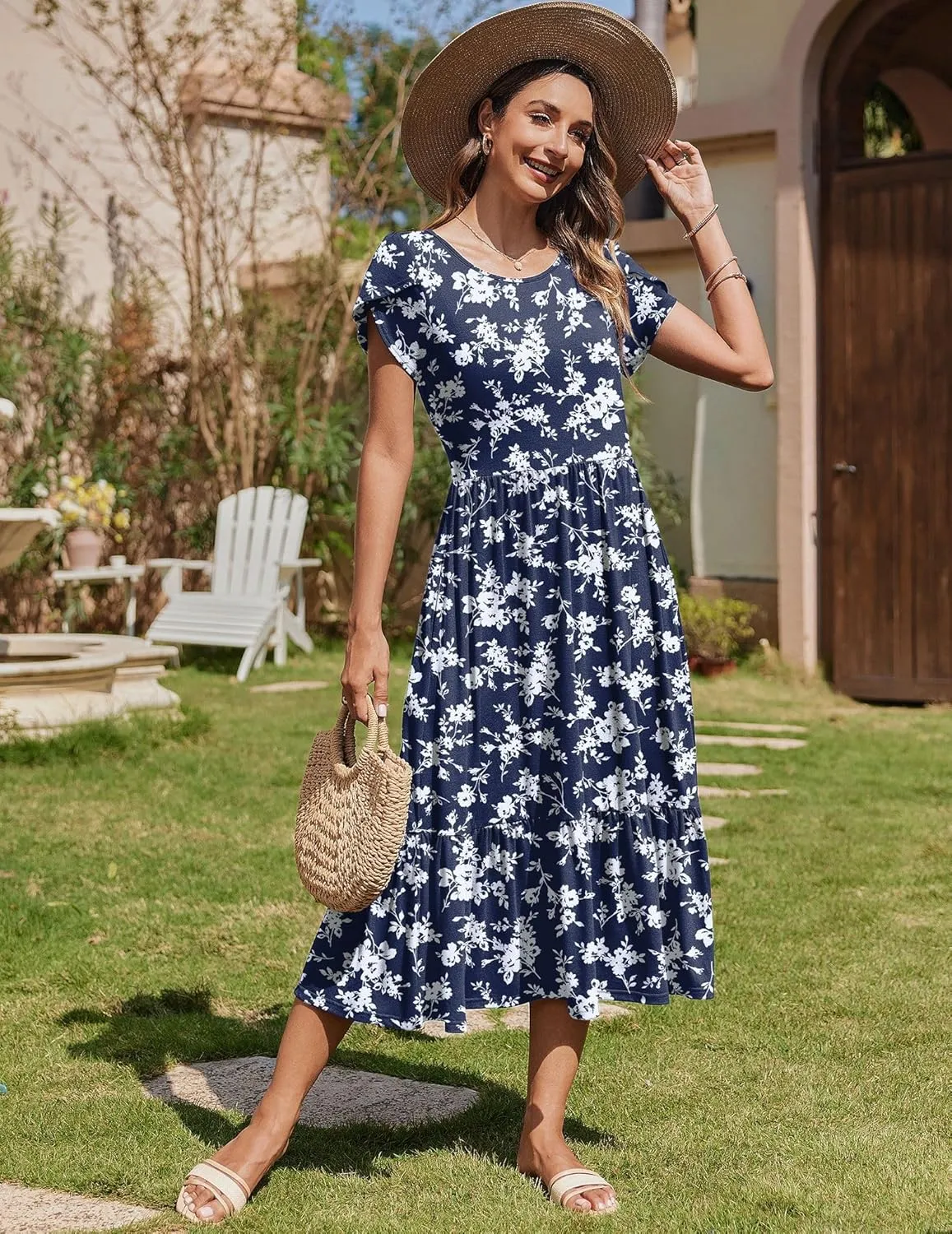 Zeagoo Women Summer Midi A Line Dress Short Sleeve Casual Flowy Tiered Beach Long Sundress with Pockets 2025 Vacation Travel