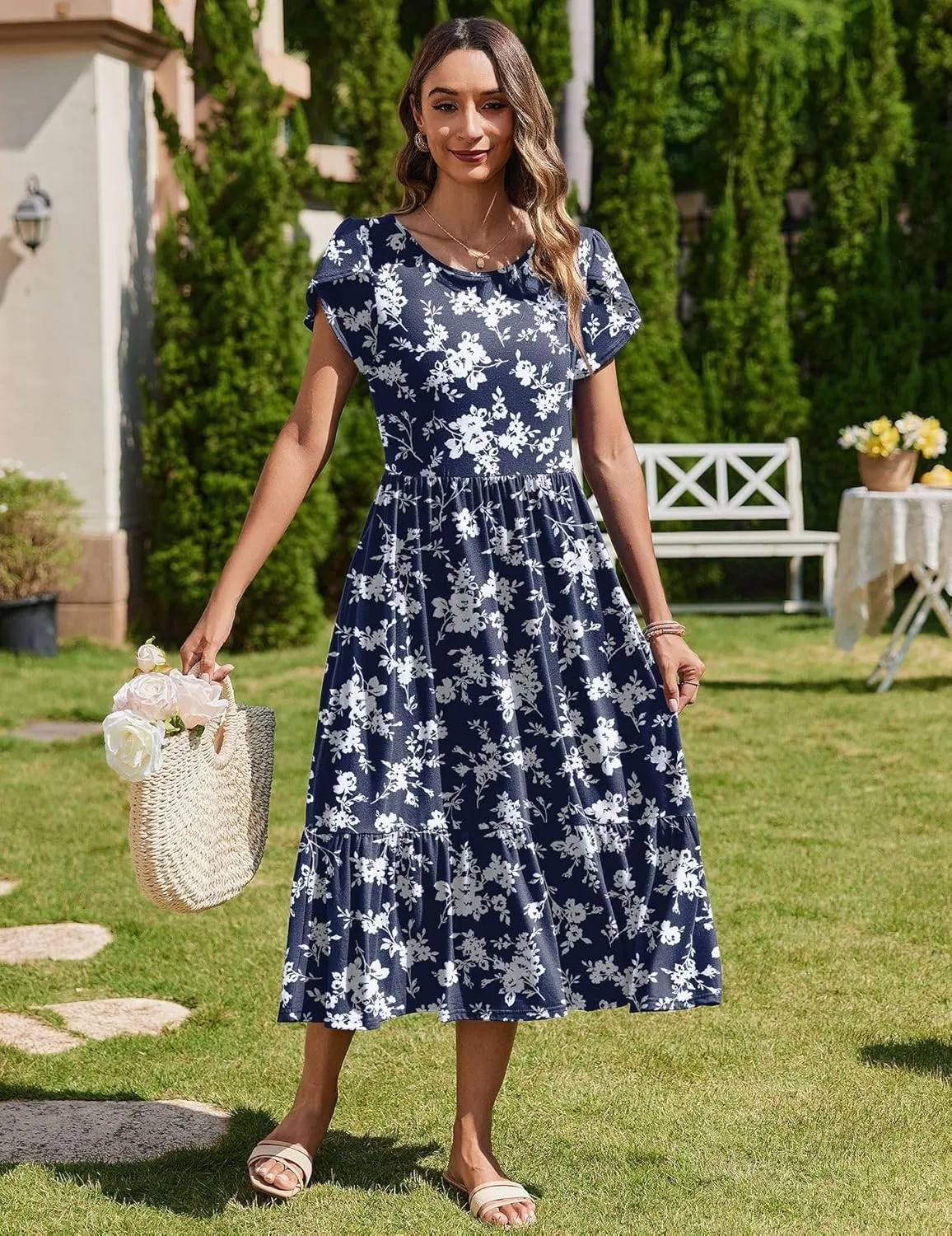 Zeagoo Women Summer Midi A Line Dress Short Sleeve Casual Flowy Tiered Beach Long Sundress with Pockets 2025 Vacation Travel